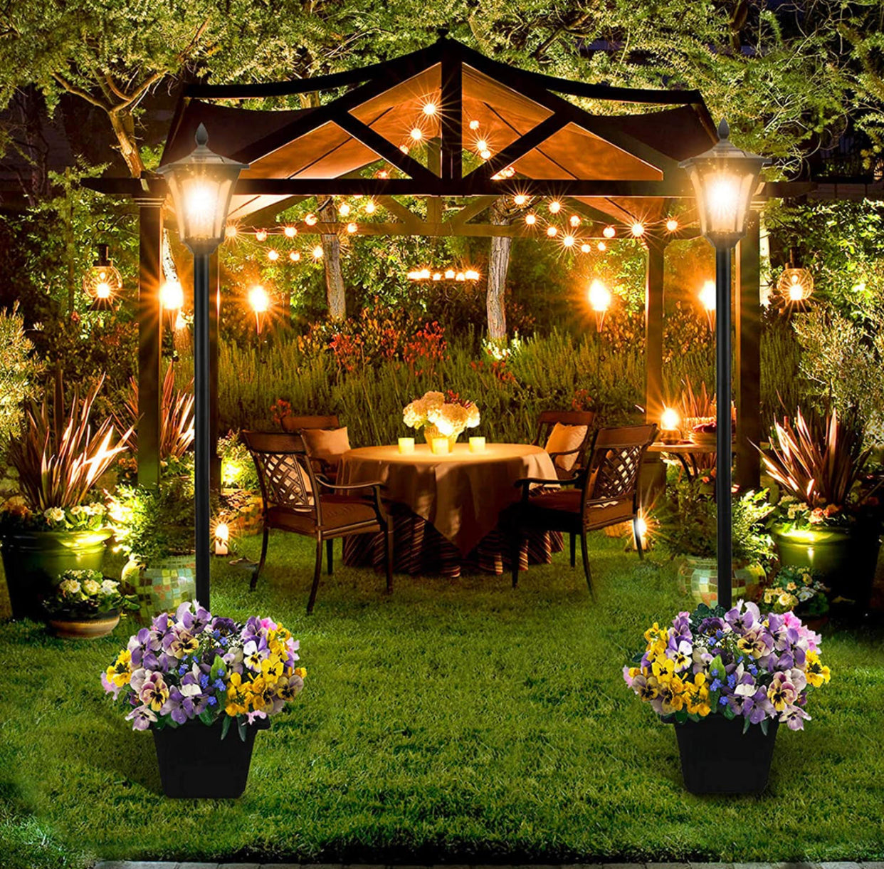 64 Inch Solar Lamp Post Lights Outdoor with Planter, 70 Lumen Solar Powered with 4 Adjustable Height- Black