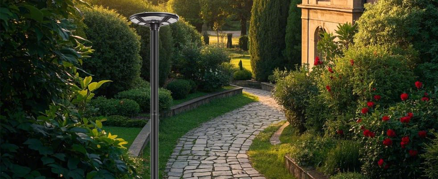 3500W Commercial Solar Round 360° Wide Angle Pole Outdoor Lamp Post Light with 98 inch Pole IP67 Waterproof With Remote