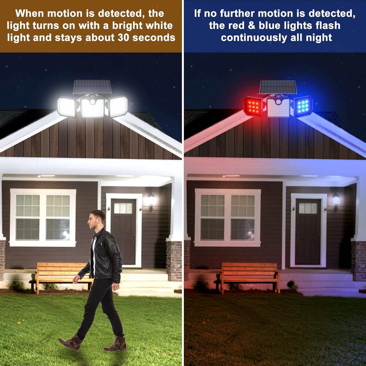 Solar Motion Sensor Lights - IP65 Waterproof Solar Strobe Wall Lights - Bright White/Red & Blue Flashing