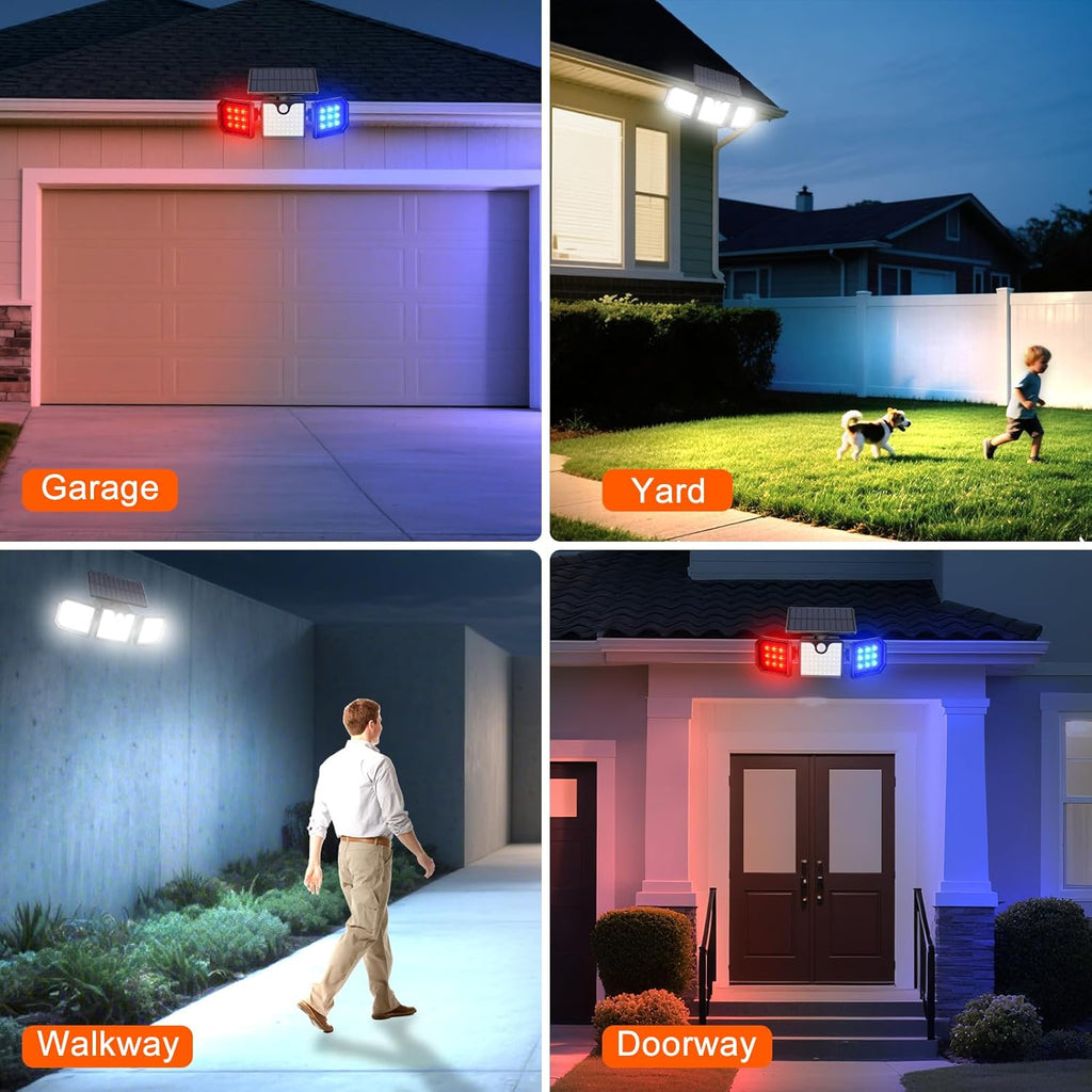 Solar Motion Sensor Lights - IP65 Waterproof Solar Strobe Wall Lights - Bright White/Red & Blue Flashing
