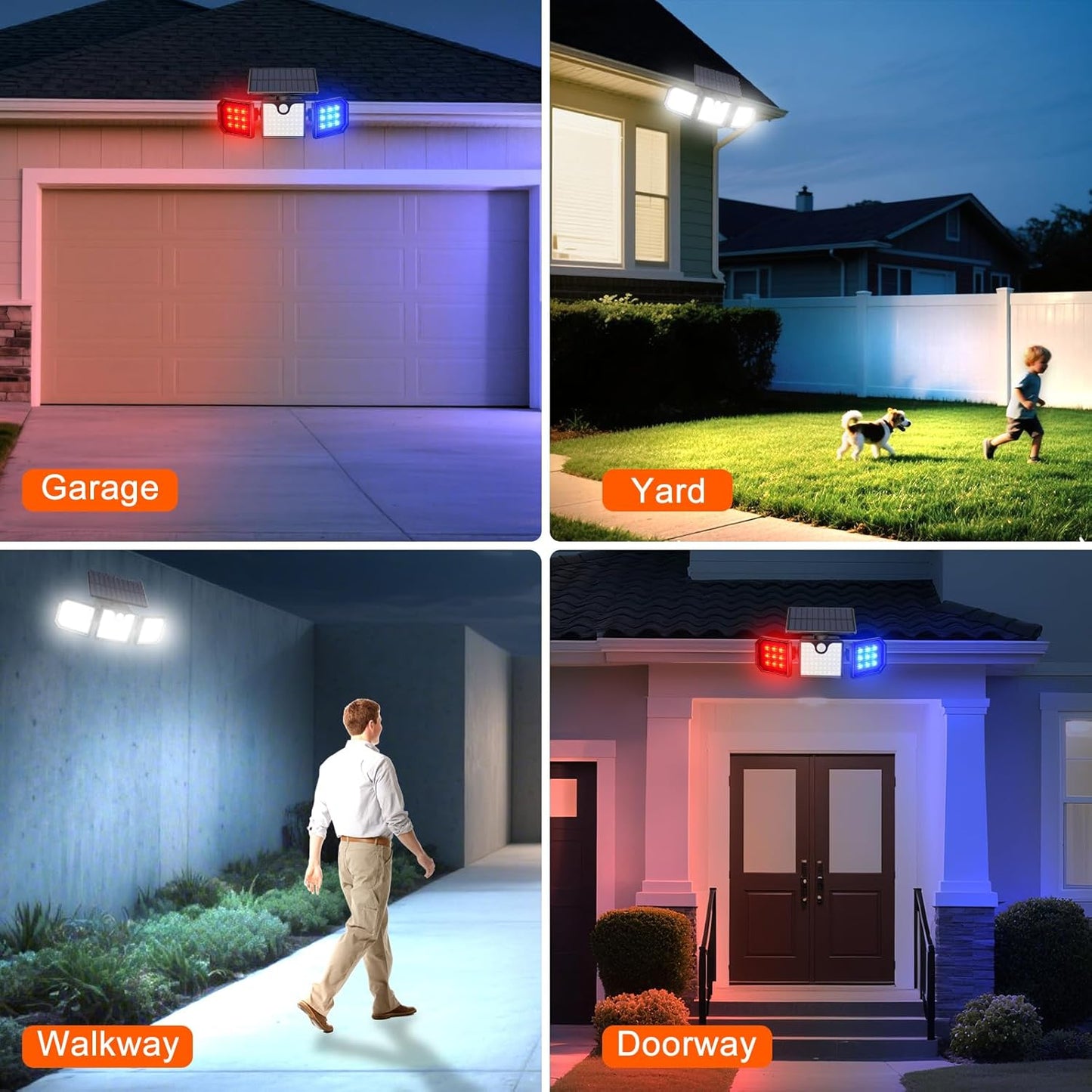 Solar Motion Sensor Lights - IP65 Waterproof Solar Strobe Wall Lights - Bright White/Red & Blue Flashing