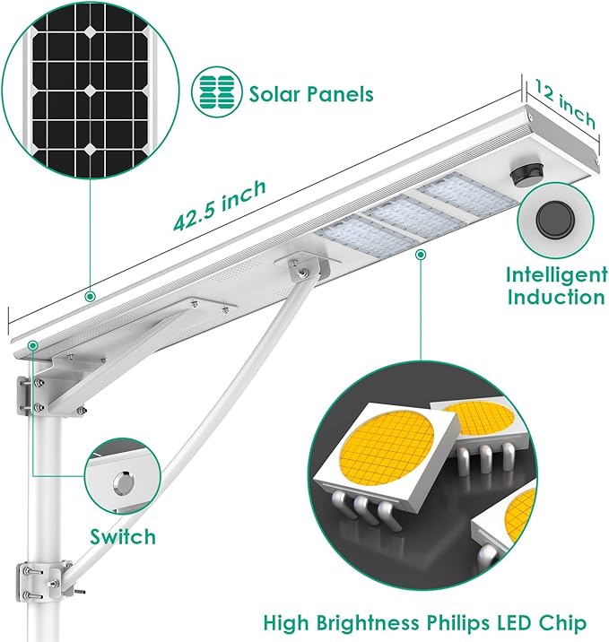 6000W Aluminum Frame LED Integrated Solar Street Light, IP65 Waterproof , Radar Sensor + Light Sensor, Dusk to Dawn Solar