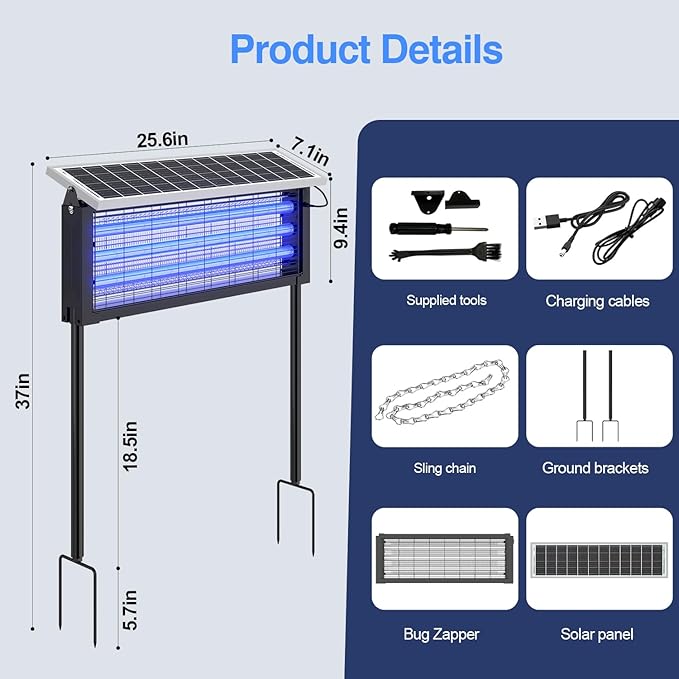 Solar Bug Zapper Outdoor, Wireless Portable Camping Mosquito Zapper 4500V For 3500 Sq.ft with Panel Sensor, Fly Traps with 10FT Extension Cord