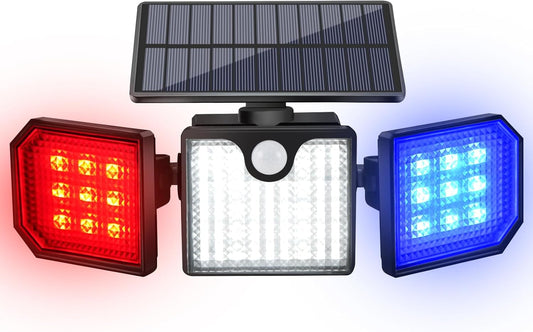 Solar Motion Sensor Lights - IP65 Waterproof Solar Strobe Wall Lights - Bright White/Red & Blue Flashing