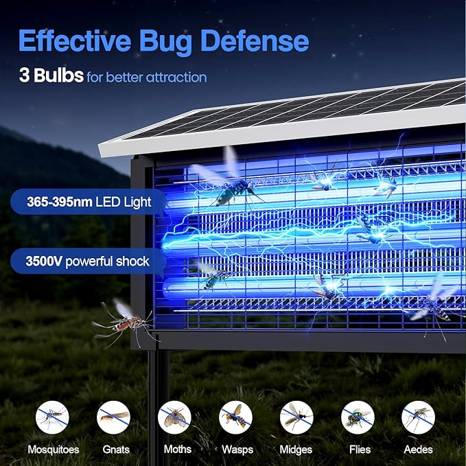 Solar Bug Zapper Outdoor, Wireless Portable Camping Mosquito Zapper 4500V For 3500 Sq.ft with Panel Sensor, Fly Traps with 10FT Extension Cord