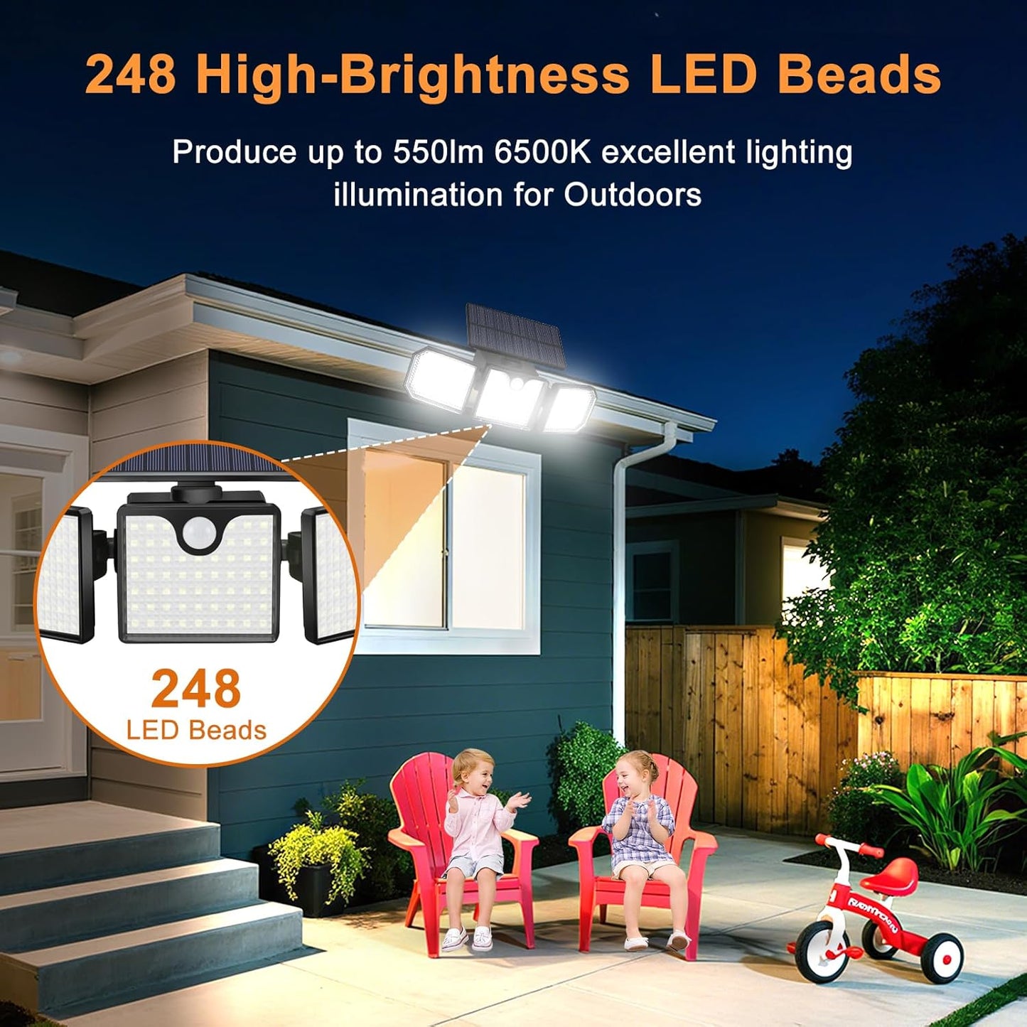 Solar Motion Sensor Lights - IP65 Waterproof Solar Strobe Wall Lights - Bright White/Red & Blue Flashing