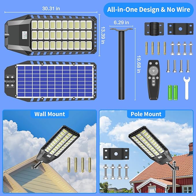 9000W Solar Street Light, 180000 Lumens Dusk to Dawn Street Lights Solar Powered Motion Sensor