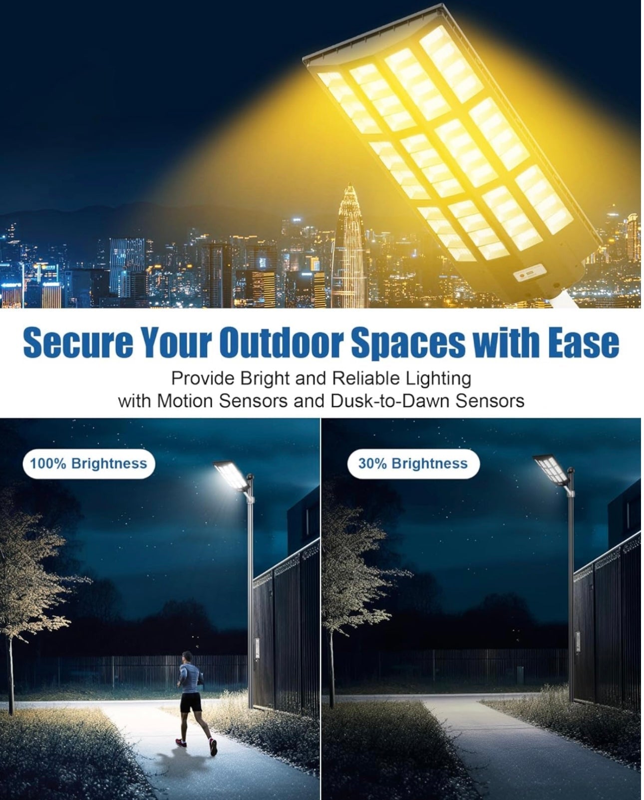 9000W Solar Street Light - Tri-Color 3000K/4000K/6500K Dimmable Solar Motion Sensor Light Outdoor, IP66 Waterproof Solar Dusk to Dawn Lights