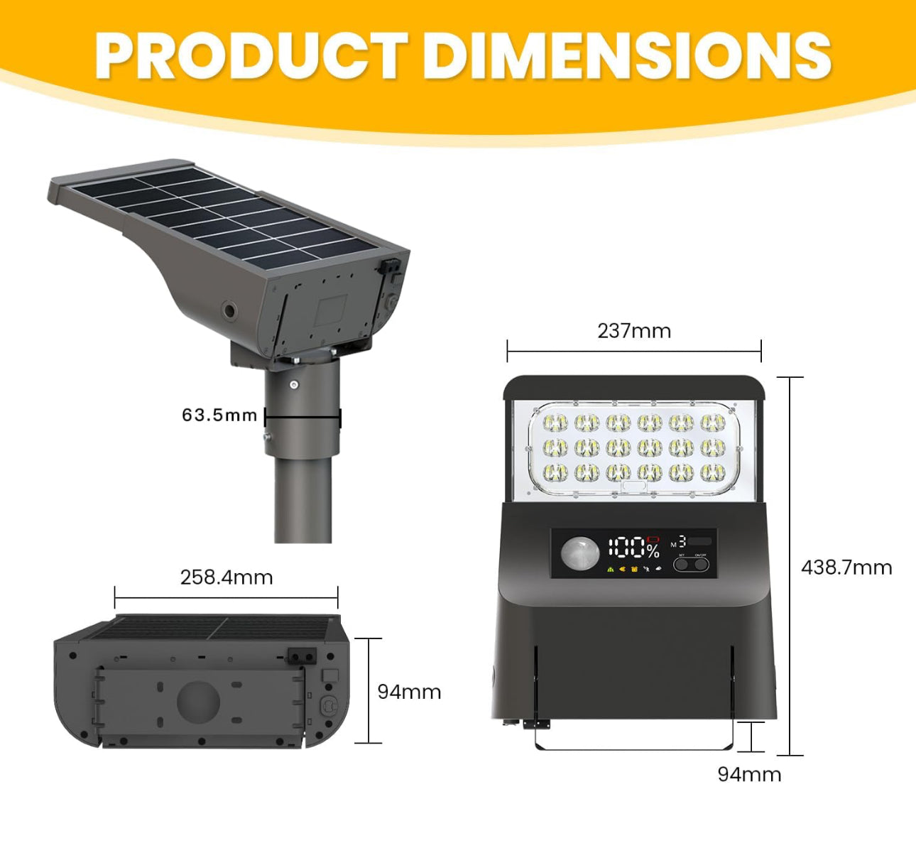1800W Solar Lights Outdoor Waterproof, 3000K 5700K LED Screen Solar Motion Light with Rain Sensor, 3000LM Solar Street Light Dusk to Dawn