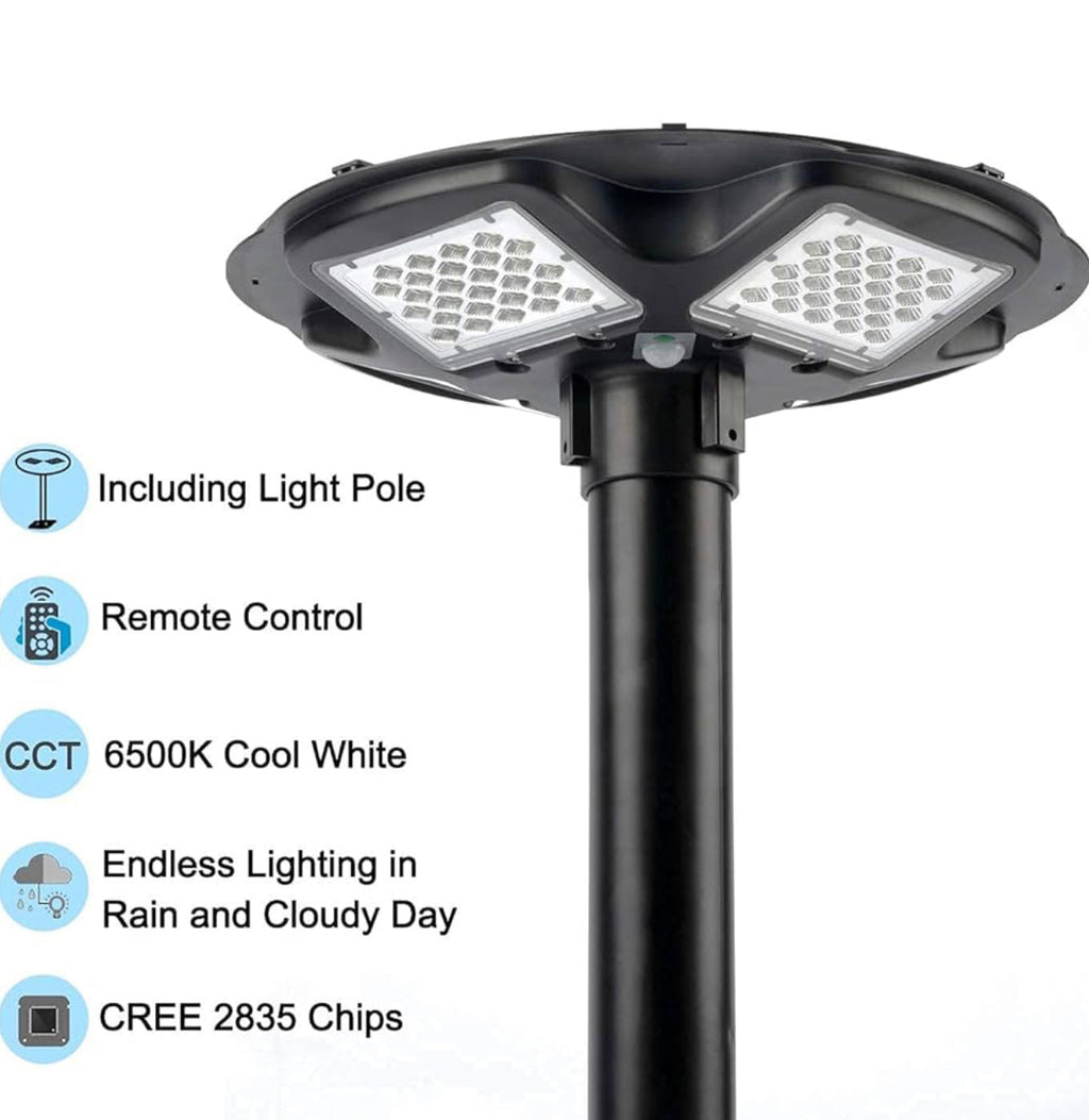 3500W Commercial Solar Round 360° Wide Angle Pole Outdoor Lamp Post Light with 98 inch Pole IP67 Waterproof With Remote