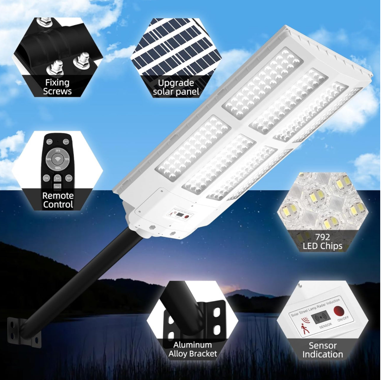 2500W Solar Street Light Outdoor Waterproof, 6500K Motion Sensor Lights Dusk to Dawn, 200,000LM Wall Light with Remote Control