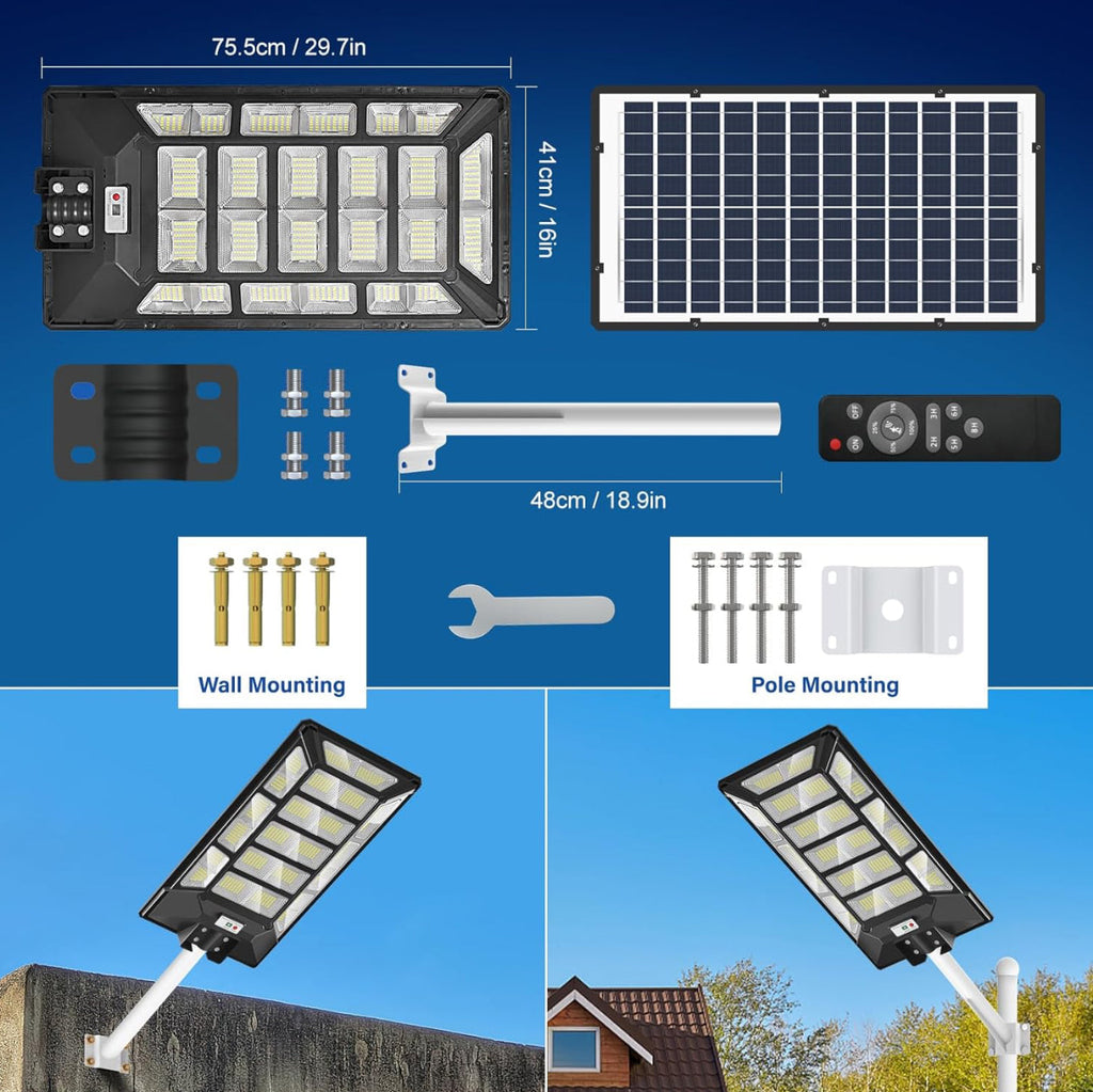 8800W Solar Street Lights Outdoor Waterproof 6500K Dusk to Dawn 180000 Lumen Motion Sensor Super Bright Solar Parking Lot Light