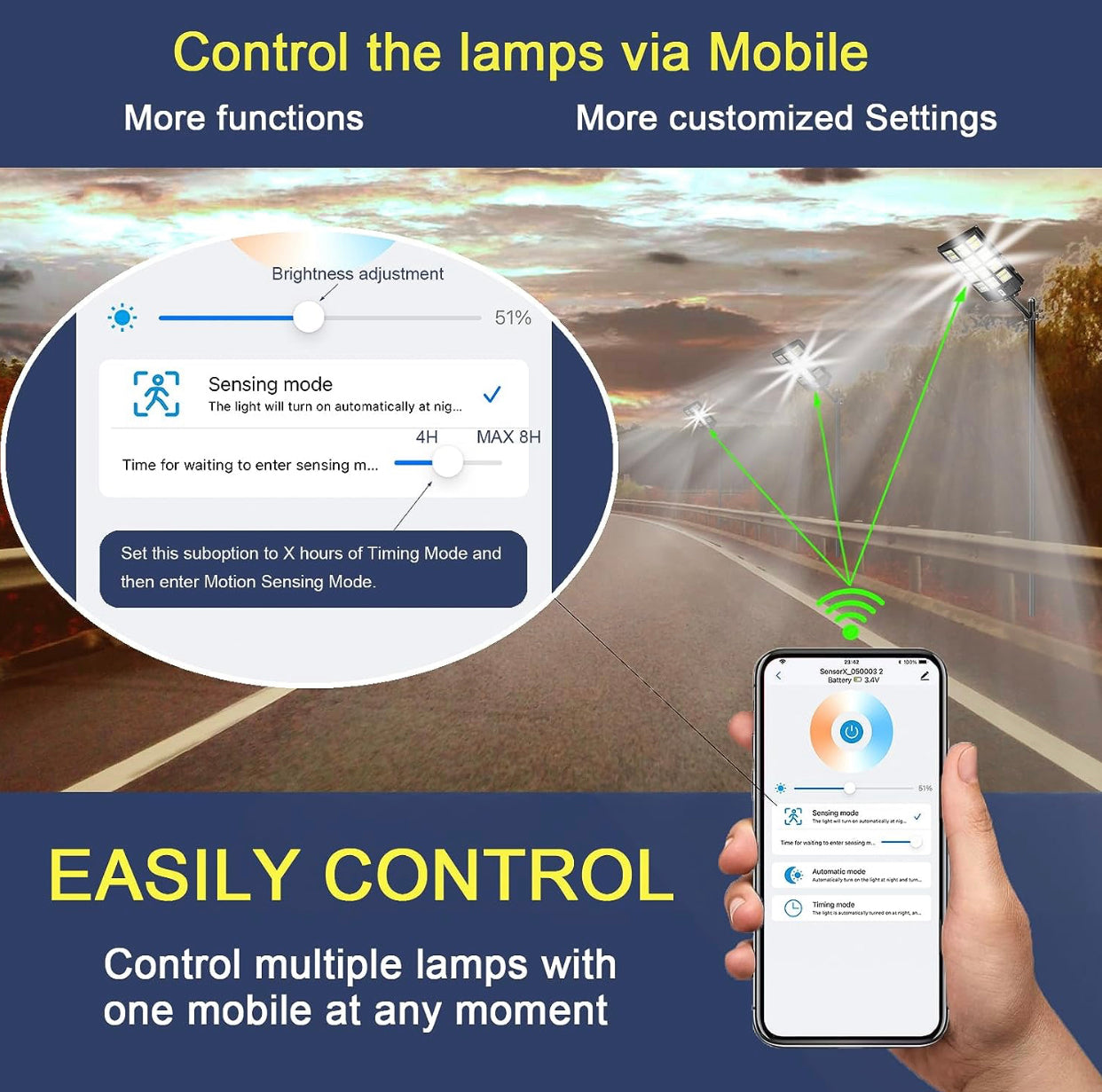 4500W Solar Street Light Outdoor, 250000LM 6500K with Mobile App Remote Control Dusk to Dawn LED Motion Sensor