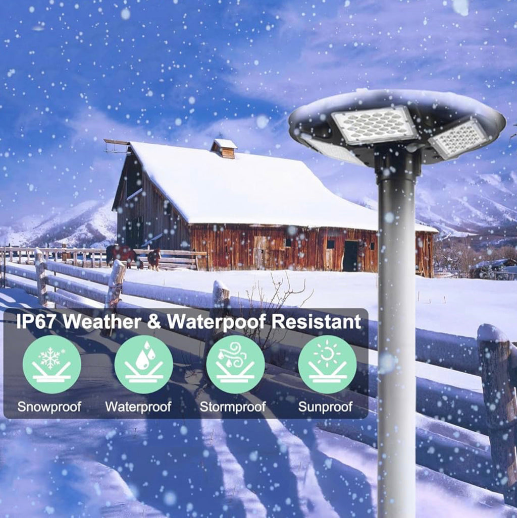 3500W Commercial Solar Round 360° Wide Angle Pole Outdoor Lamp Post Light with 98 inch Pole IP67 Waterproof With Remote