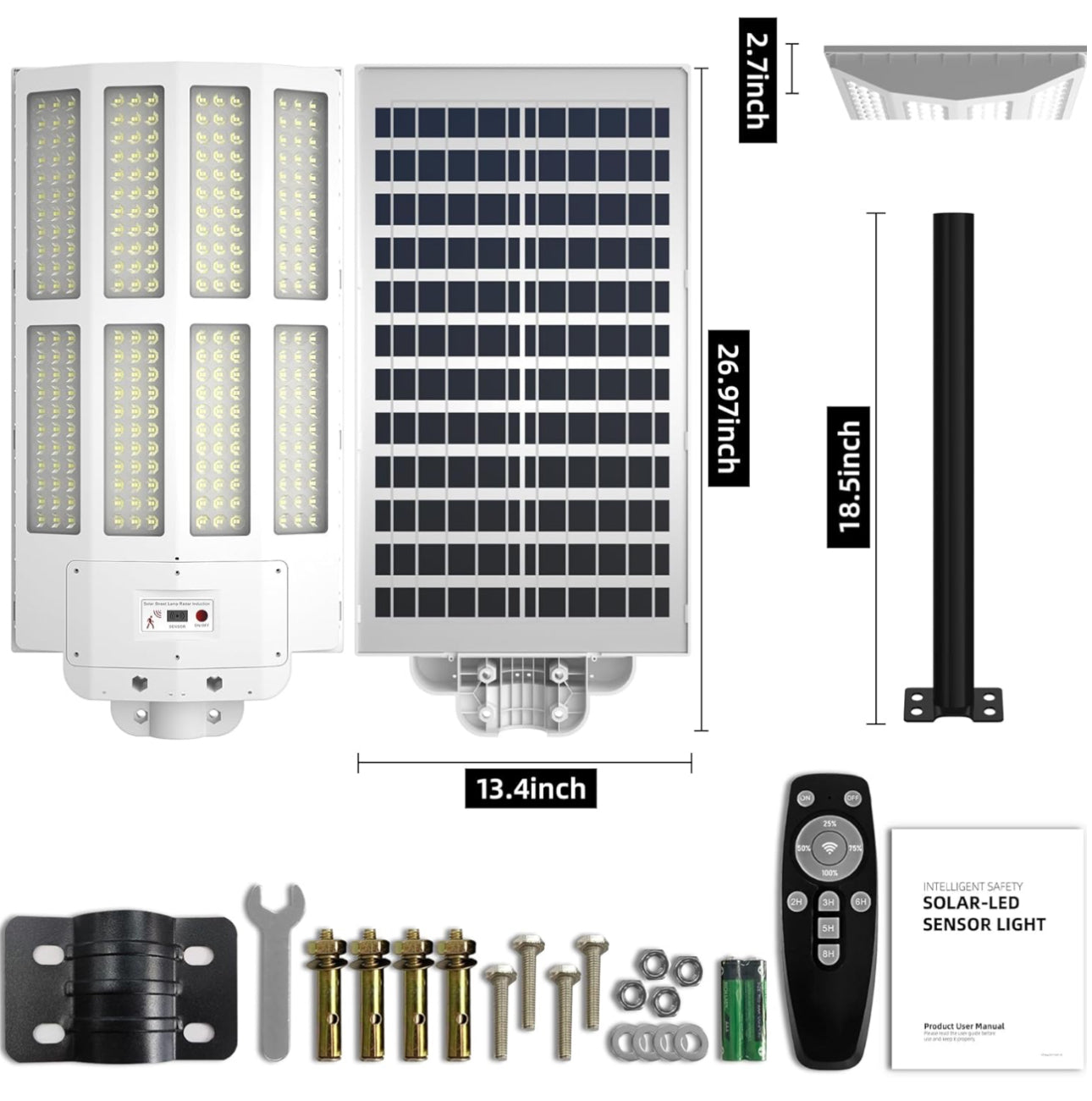 2500W Solar Street Light Outdoor Waterproof, 6500K Motion Sensor Lights Dusk to Dawn, 200,000LM Wall Light with Remote Control