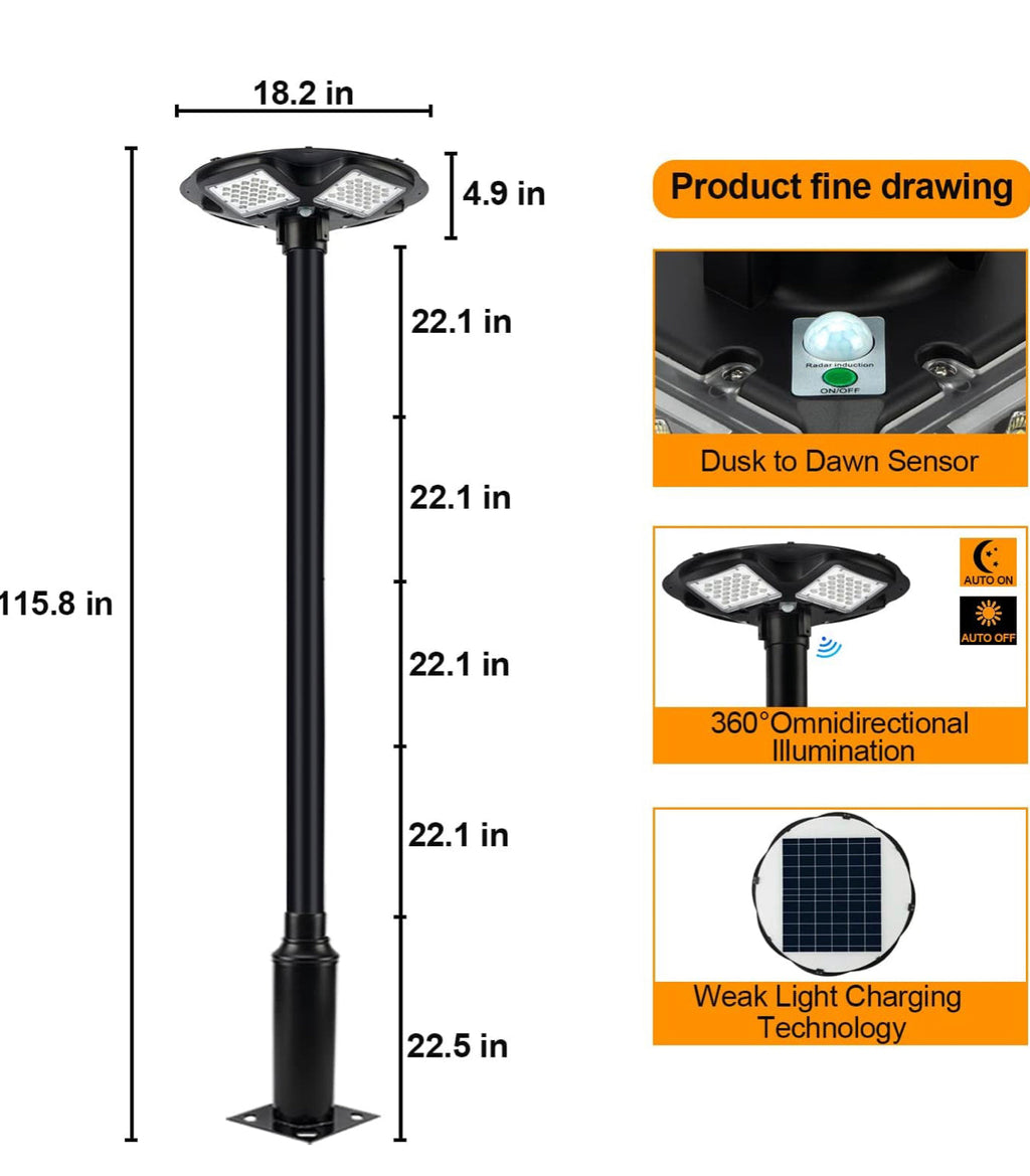 3500W Commercial Solar Round 360° Wide Angle Pole Outdoor Lamp Post Light with 98 inch Pole IP67 Waterproof With Remote