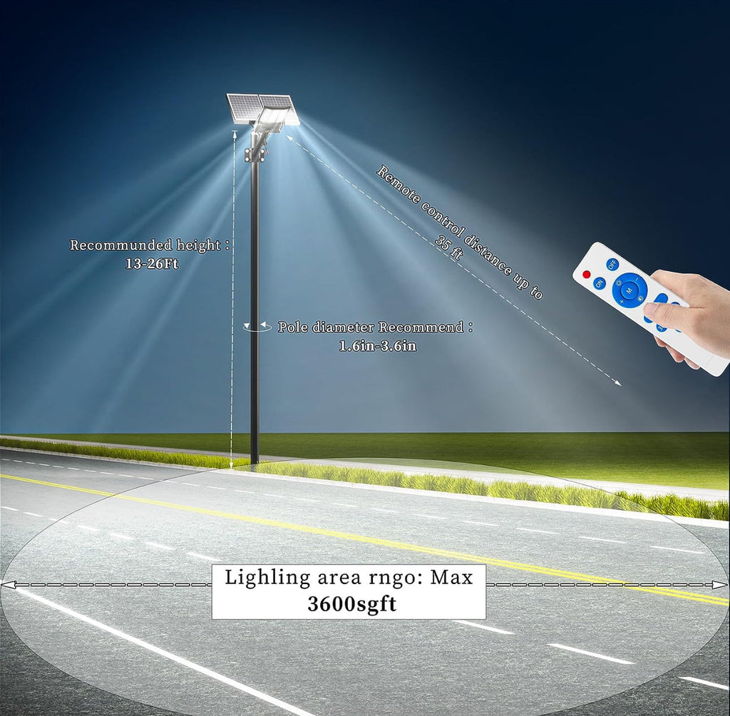 9500W Aluminum Solar Street Lights Outdoor, 500000LM High Powered Commercial Parking Lot Lights 6500K Dusk to Dawn with Remote