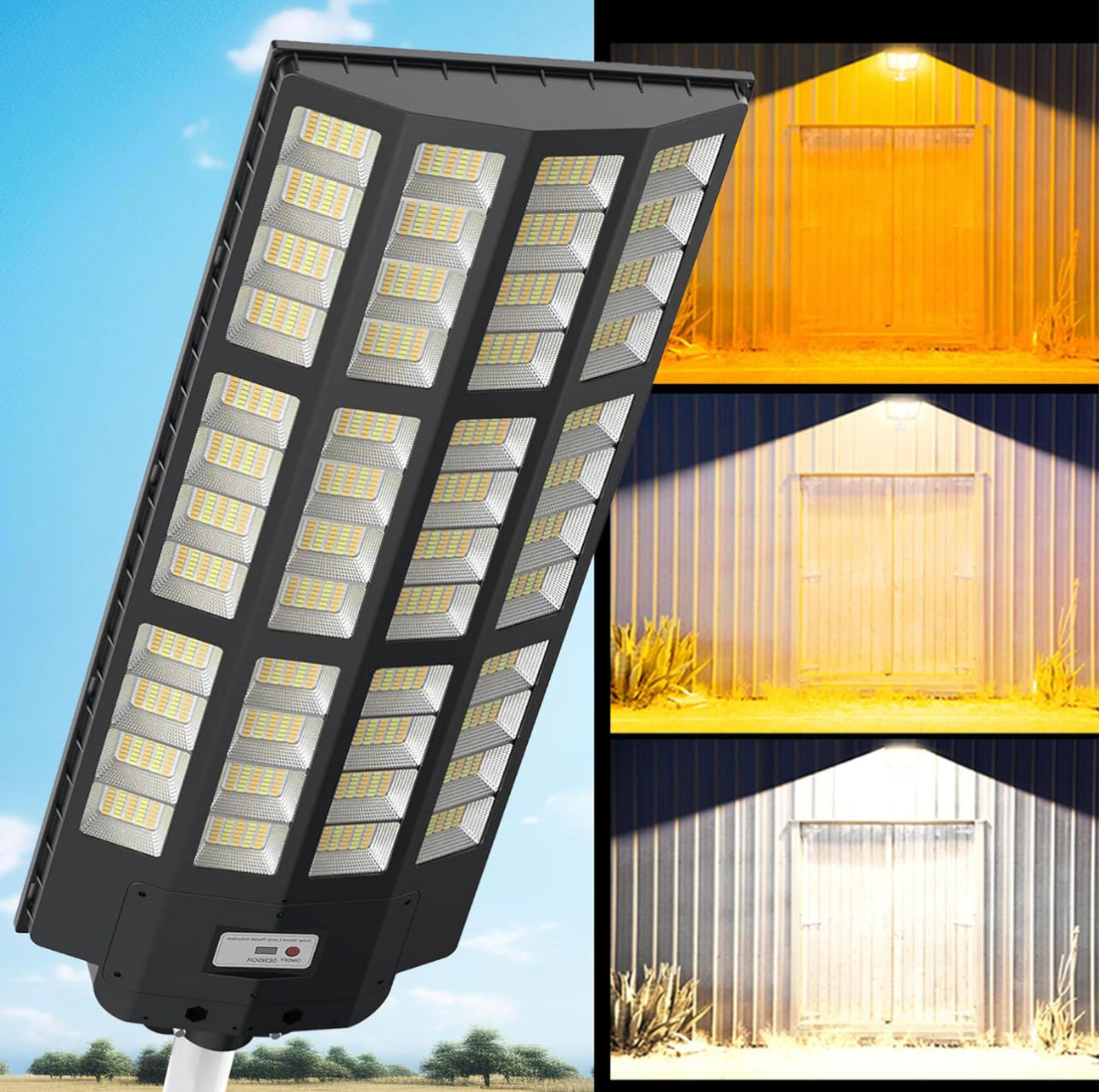 9000W Solar Street Light - Tri-Color 3000K/4000K/6500K Dimmable Solar Motion Sensor Light Outdoor, IP66 Waterproof Solar Dusk to Dawn Lights
