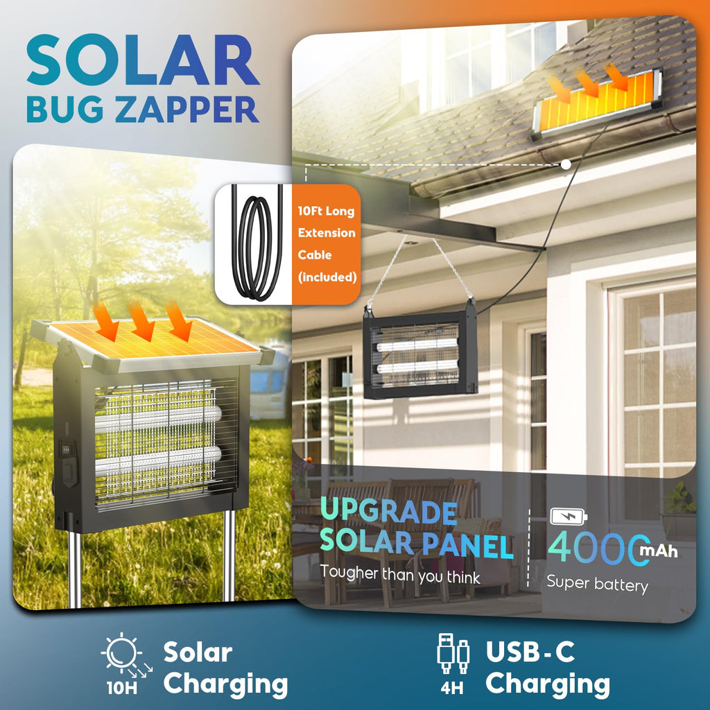 Solar Bug Zapper Outdoor, Wireless Portable Camping Mosquito Zapper 4500V For 3500 Sq.ft with Panel Sensor, Fly Traps with 10FT Extension Cord