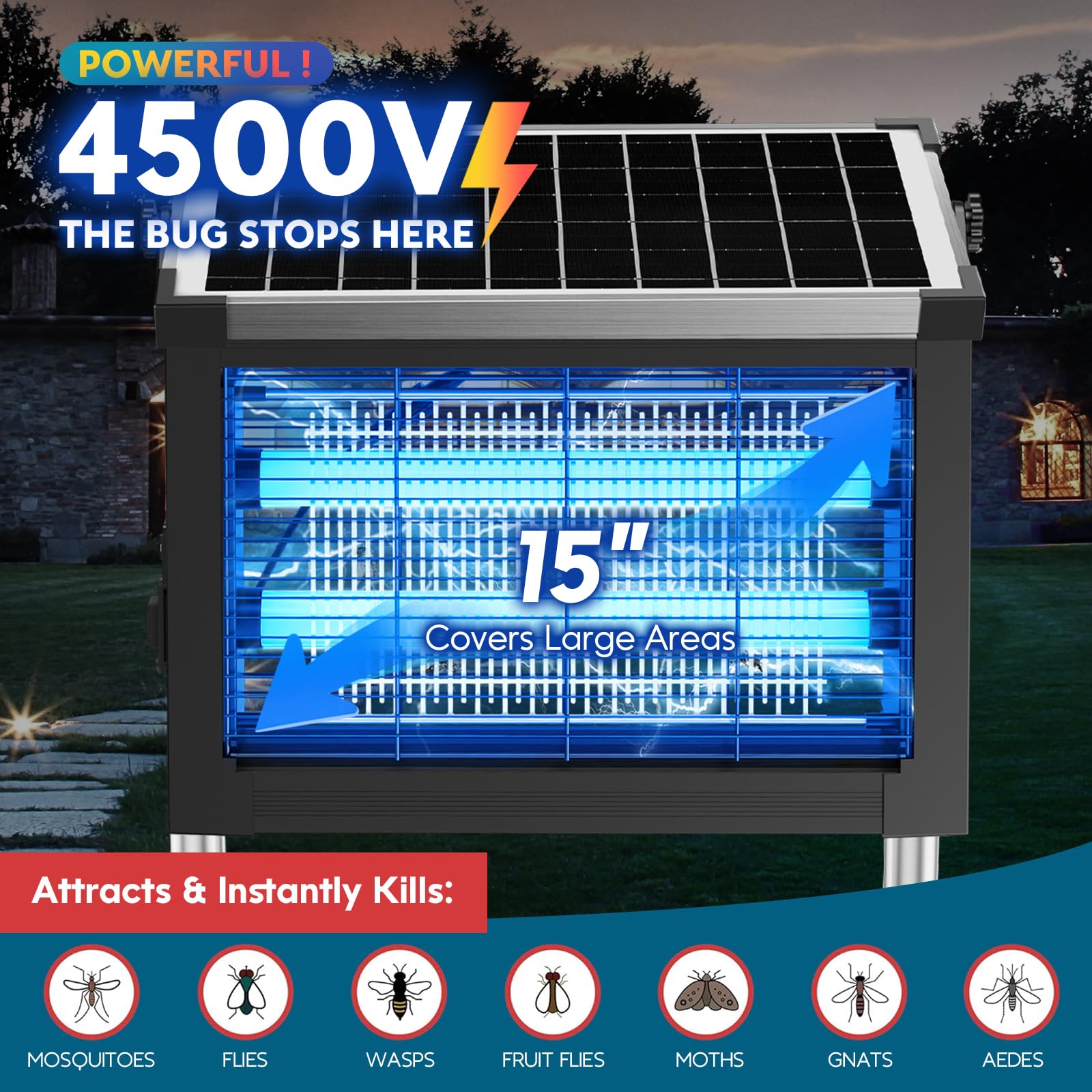 Solar Bug Zapper Outdoor, Wireless Portable Camping Mosquito Zapper 4500V For 3500 Sq.ft with Panel Sensor, Fly Traps with 10FT Extension Cord