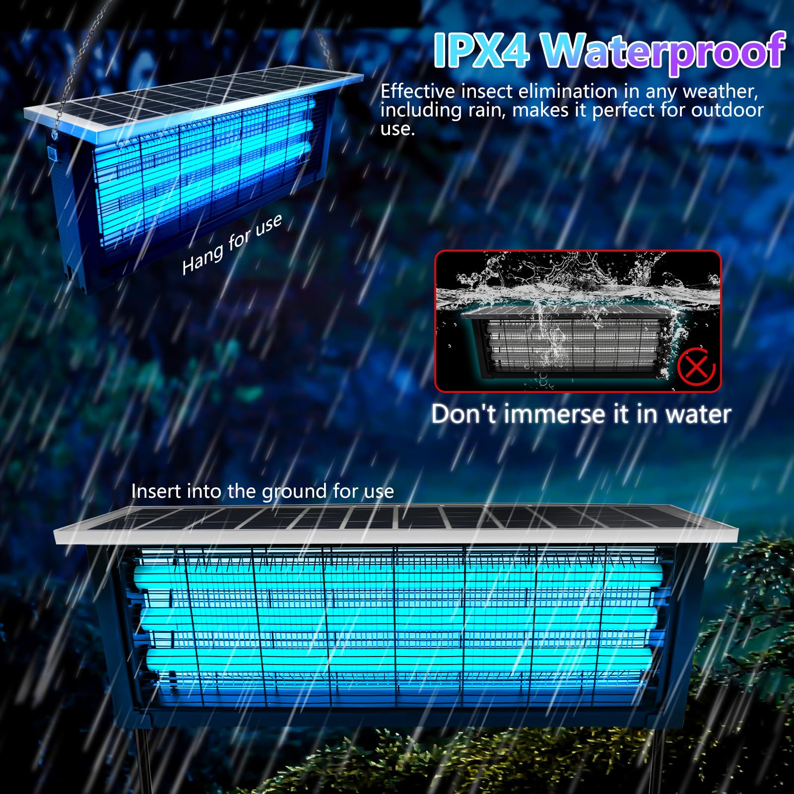 Solar Bug Zapper Outdoor, Wireless Portable Camping Mosquito Zapper 4500V For 3500 Sq.ft with Panel Sensor, Fly Traps with 10FT Extension Cord