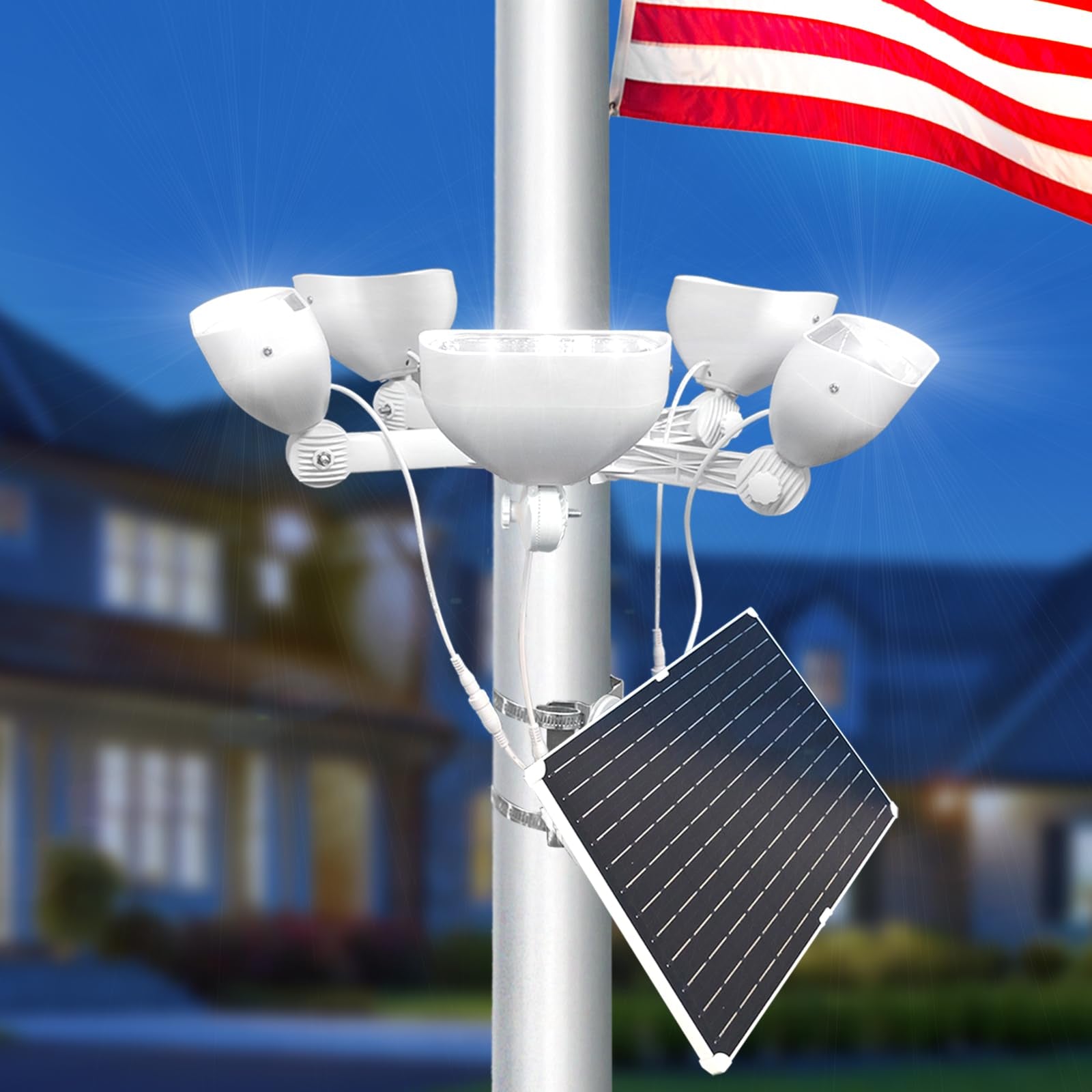400W Solar Flag Pole Light for 15-40ft flagpole 5 Spotlights，Adjustable Clamps Fits 3-6''Diameter Inground Poles from Dusk to Dawn