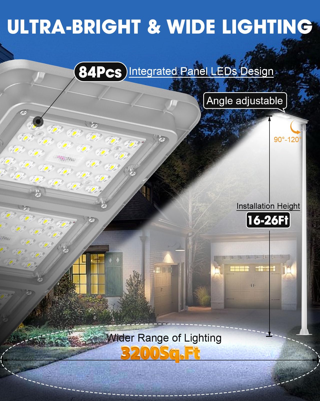 9000W Solar Street Light Outdoor Waterproof, Flood Light Dusk to Dawn with 60,000mAh LiFePO4 Battery & Motion Sensor, LED Security Lights Solar Powered for Parking Lot/Yard/Garage