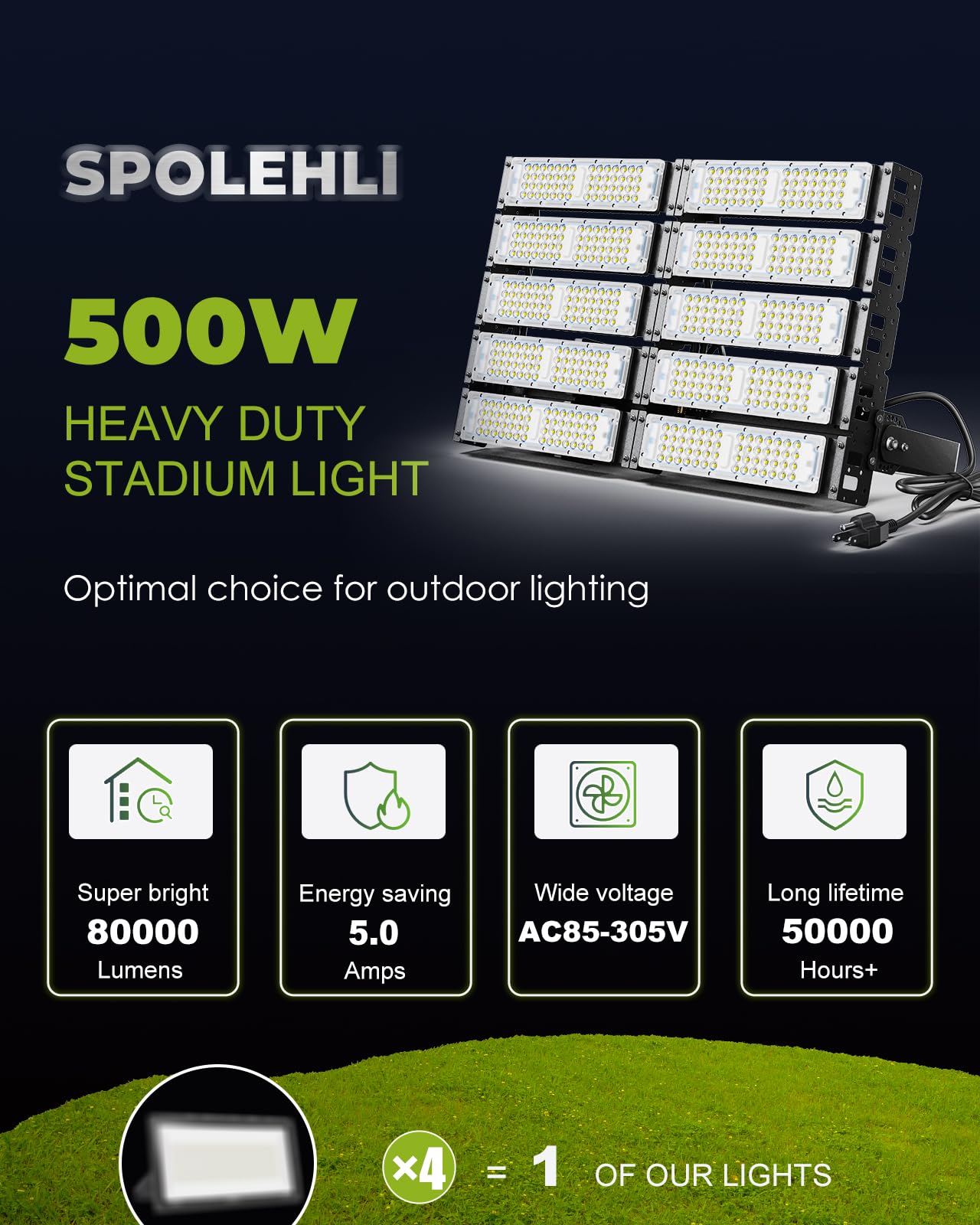 500W LED Stadium Flood Lights 3000W Equivalent 80000LM Super Bright LED Arena Lights 85-305V IP66 Waterproof 6500K