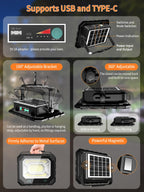200W Solar Work Flood Light Rechargeable, 16000LM Portable Camping Lights 3000K/4500K/6500K, 16000mAh Battery