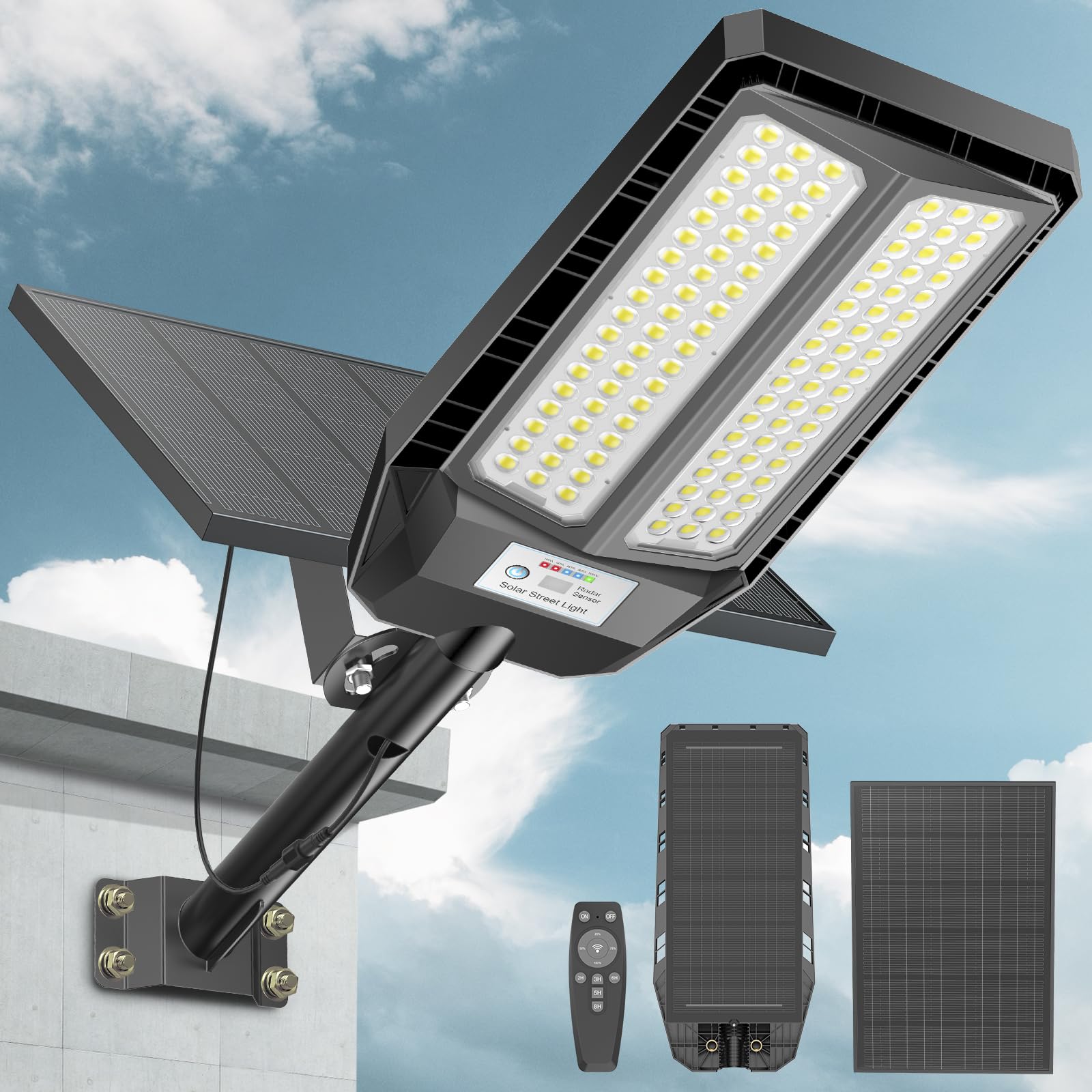 8500W Solar Street Lights Outdoor, 6500K Dusk to Dawn, LED Wide Angle Lamp with Motion Sensor and Remote Control