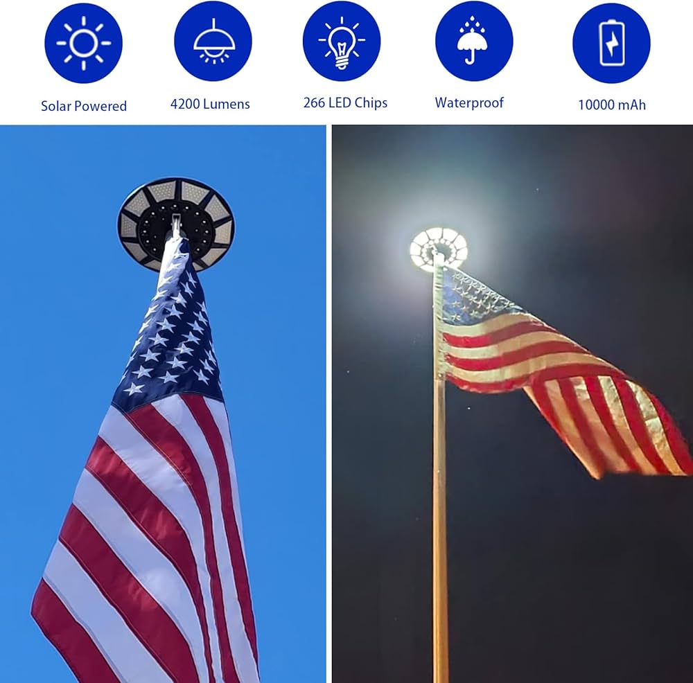 Commercial Solar Flag Pole Light Outdoor Dusk to Dawn, 266 led Light, 4200lm Super Bright
