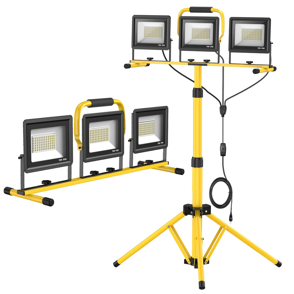 210W Upgraded Plug-In LED Work Lights with Stand, 21000 Lumen, 3-Head Adjustable Work Light, Waterproof Foldable Tripod, Extended Cord