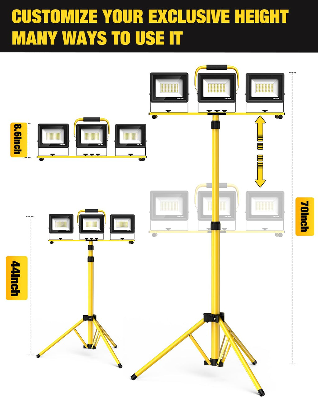 210W Upgraded Plug-In LED Work Lights with Stand, 21000 Lumen, 3-Head Adjustable Work Light, Waterproof Foldable Tripod, Extended Cord