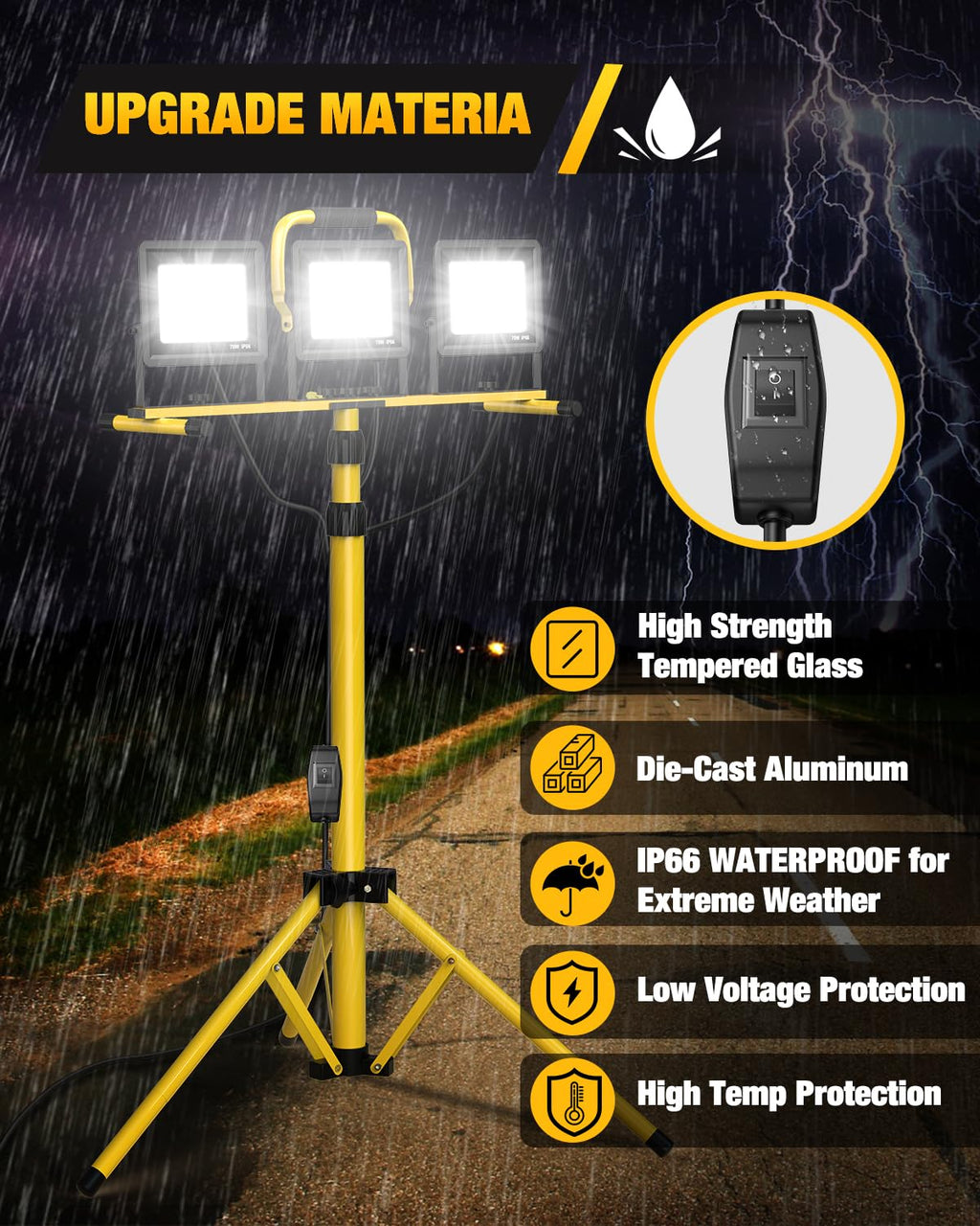 210W Upgraded Plug-In LED Work Lights with Stand, 21000 Lumen, 3-Head Adjustable Work Light, Waterproof Foldable Tripod, Extended Cord