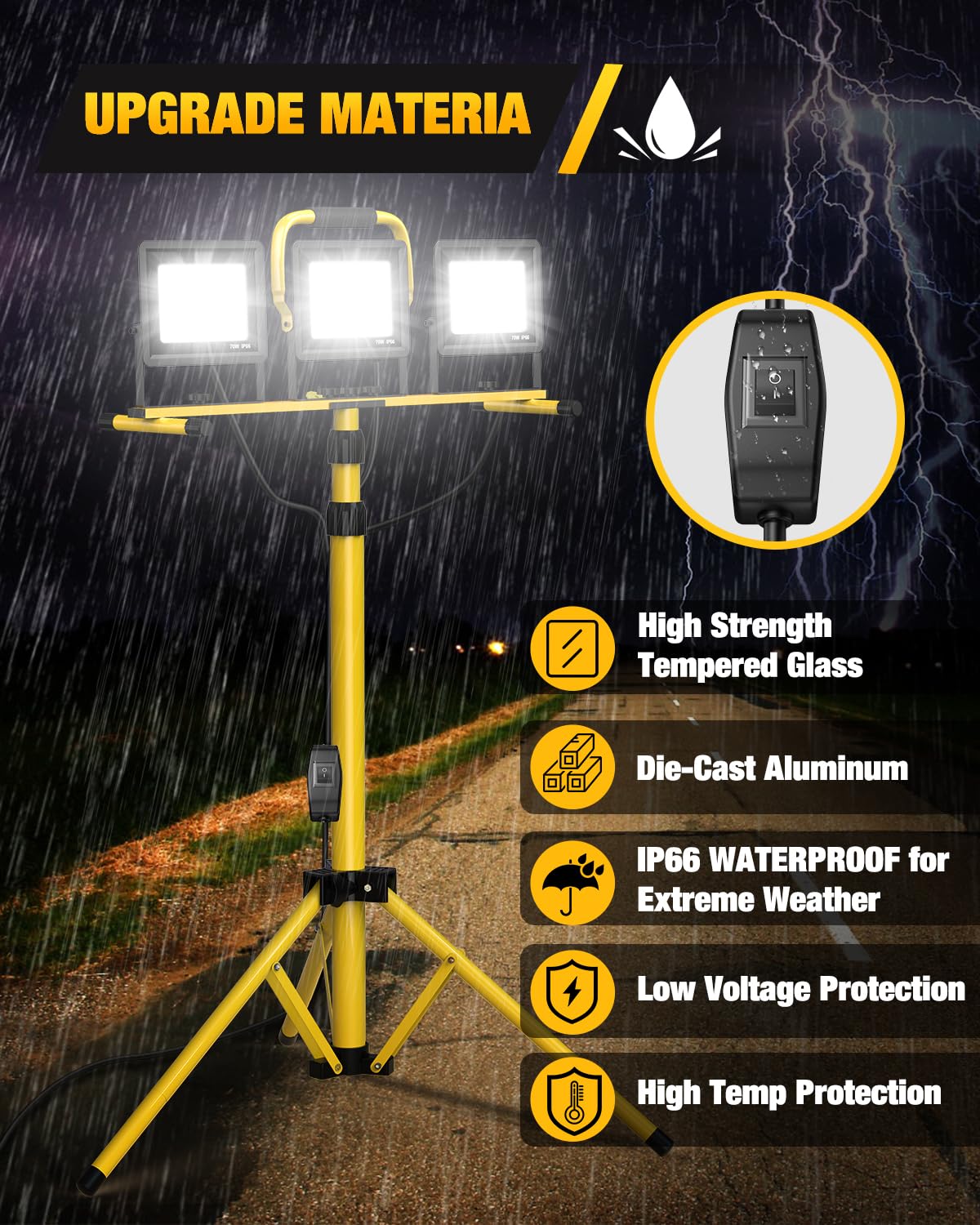210W Upgraded Plug-In LED Work Lights with Stand, 21000 Lumen, 3-Head Adjustable Work Light, Waterproof Foldable Tripod, Extended Cord