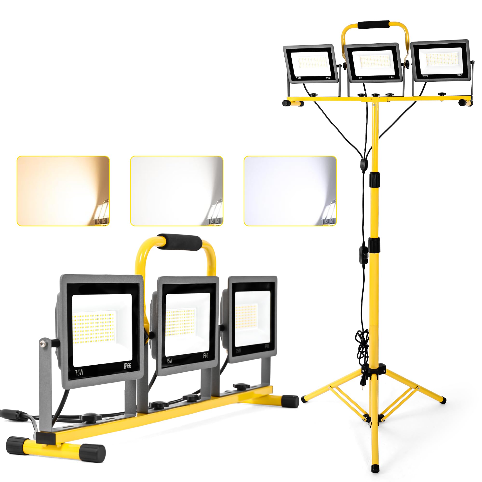 210W Upgraded Plug-In LED Work Lights with Stand, 21000 Lumen, 3-Head Adjustable Work Light, Waterproof Foldable Tripod, Extended Cord