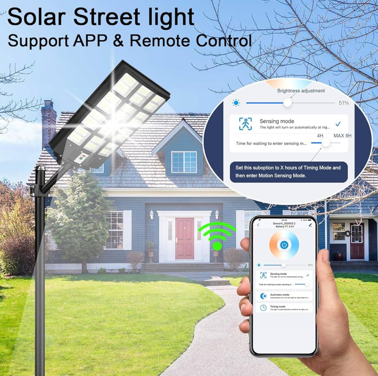 4500W Solar Street Light Outdoor, 250000LM 6500K with Mobile App Remote Control Dusk to Dawn LED Motion Sensor